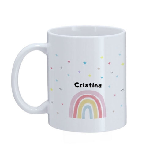 arcoiris y estrellas taza blanca